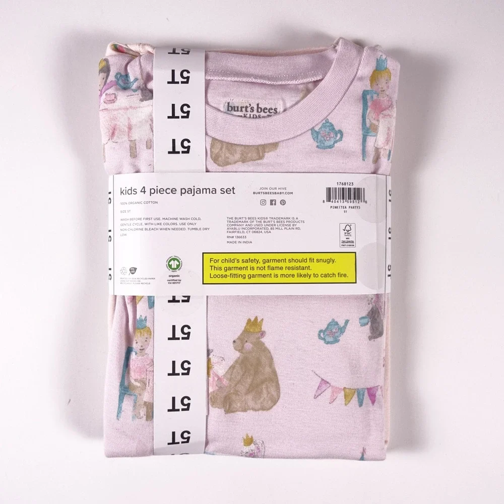 Burts Bees Kids 5T 4-Piece Pajama Set 100% Organic Cotton Pink Tea Party Unicorn